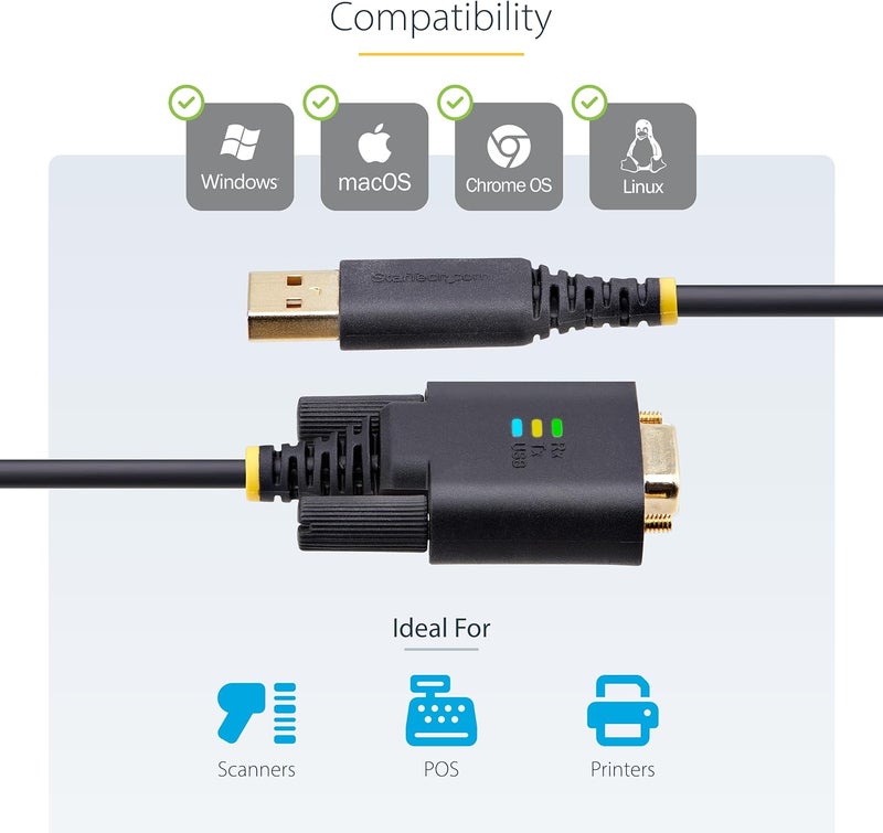Star Tech 6.6ft/2m USB to Serial Adapter Cable, COM Retention, FTDI, USB-A to DB9 RS232, Interchangeable DB9 Screws/Nuts - Image 5